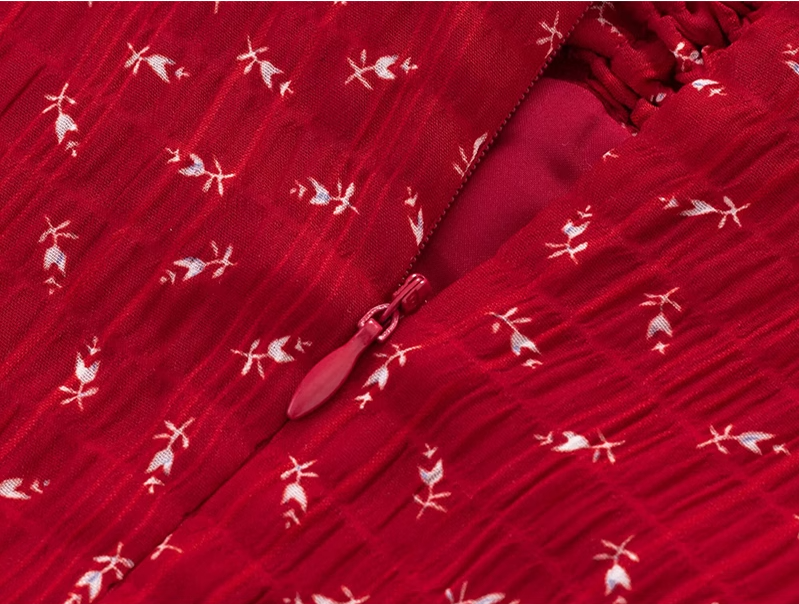 2025 Summer New Red Floral A-line Small Waist Suspender Dress R0911