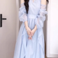 Blue off-shoulder halter neck dress gentle temperament beautiful dress R0741