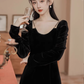 Velvet long-sleeved dress black retro high-end temperament suspender long skirt A-line dress R1530
