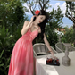 Travel wear vacation French pink white slim print chiffon suspender dress a-line skirt R1627