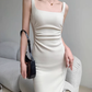 Square neck camisole dress 2025 temperament waist hip slit high-end long skirt R1452