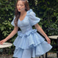Blue princess dress with puff sleeves, slim waist and short skirt for homecoming R3475