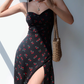 European and American cherry floral suspender dress sexy waist side slit long skirt R2808