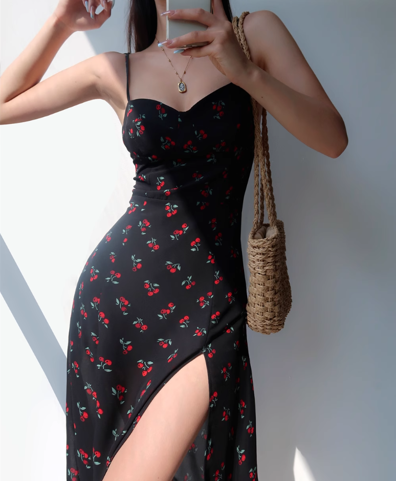 European and American cherry floral suspender dress sexy waist side slit long skirt R2808