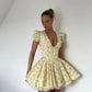 Yellow small floral deep V sexy puff sleeve A-line tutu skirt homecoming dress R2456