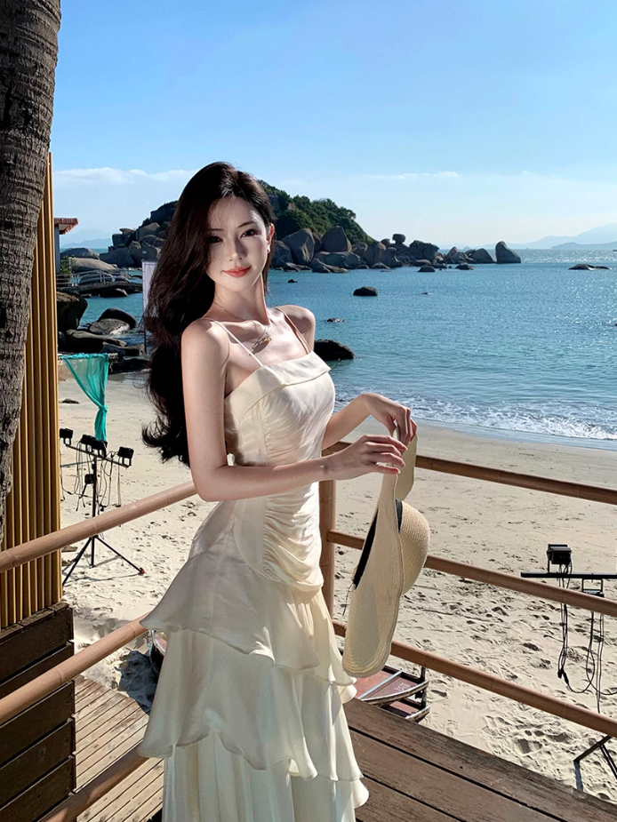 Fairy high-class temperament mermaid Ji streamer suspender skirt dress dress one shoulder dress R1715