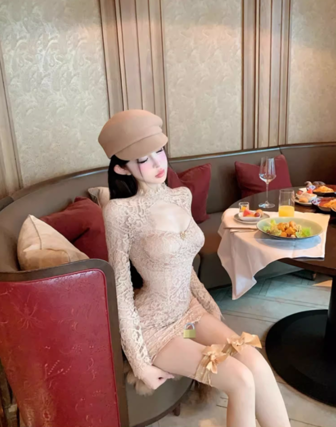 Pure desire hot girl lace hollow long sleeve dress 2025 waist hip short skirt R1174