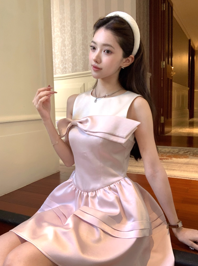 Pink waist satin sleeveless suspender dress women's summer French style skirt R4660