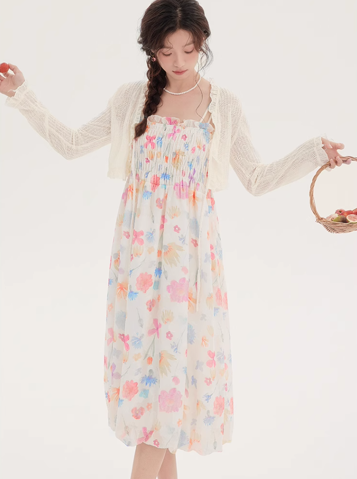 Floral suspender skirt plus cardigan two-piece suit 2025 new French seaside dress R2377