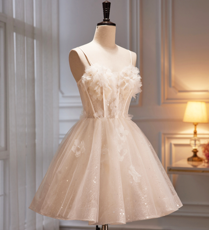 Dreamy Ivory Homecoming Dress , Sequins 3D Floral Corset Mini Evening Dress RS1453