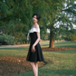 Black short skirt with white neckline, one shoulder, slim waist, A-line short skirt, homecoming dress R4171