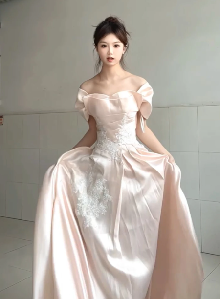 Cute Pink A-Line Portrait Embroidery Maxi Evening Dress Birthday Dress RS351