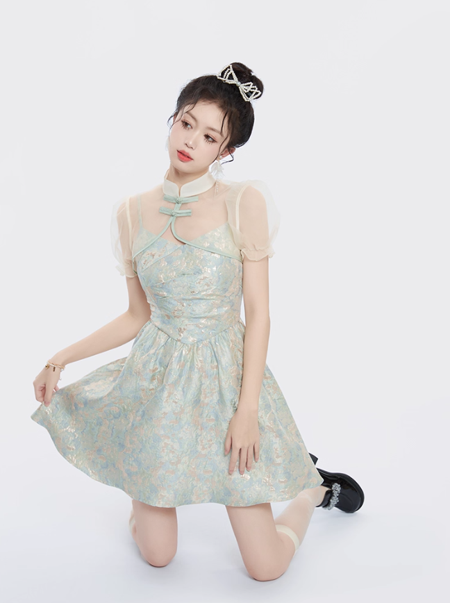 Chinese style improved cheongsam collar top suspender dress summer two-piece suit R4115