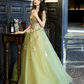 Elegant Bud Green A-Line Bateau Applique Corset Maxi Evening Dress Birthday Dress RS352