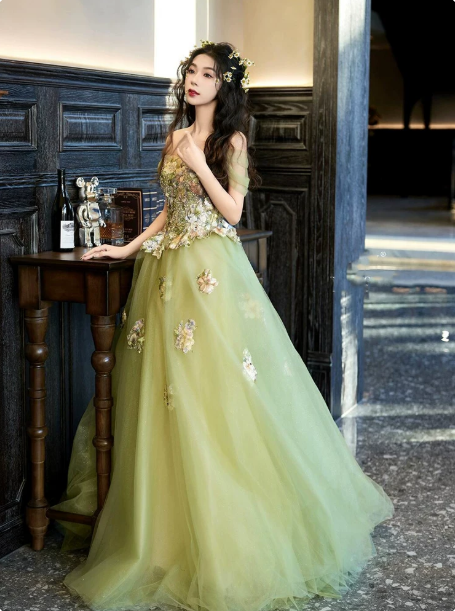 Elegant Bud Green A-Line Bateau Applique Corset Maxi Evening Dress Birthday Dress RS352
