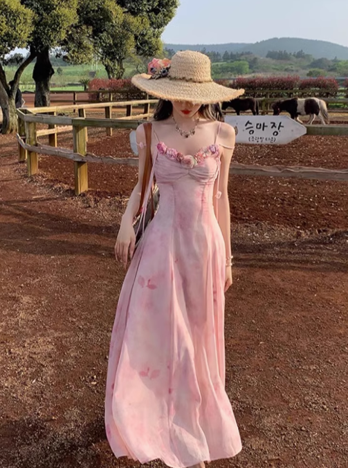 Tea break gentle style floral dress large size sweet holiday style pleated slim long skirt R1821