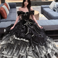 French Chic Black Ruffled Ball Gown Bateau Bow-knot Corset Maxi Evening Dress Prom Dress RS353