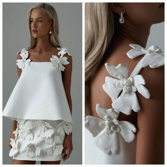 White suspenders three-dimensional flowers sweet and cute top suspenders A-line skirt suit homecoming dress R2468