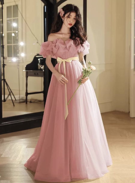 Sweet Blush Pink A-Line Ruffled-Strapless Maxi Evening Dress Prom Dress RS356
