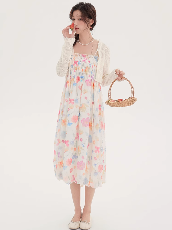 Floral suspender skirt plus cardigan two-piece suit 2025 new French seaside dress R2377