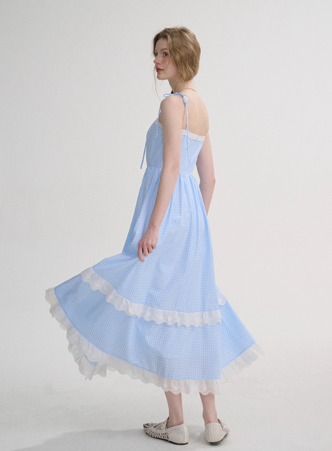 French plaid dress sleeveless long dress lace pastoral style suspender dress for women R3552
