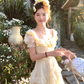 Yellow square neck puff sleeve waist dress summer French retro temperament skirt R4869