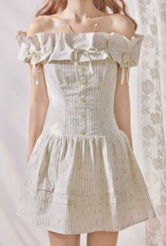 Tea pure cotton striped print pleated waist one-shoulder dress R5213