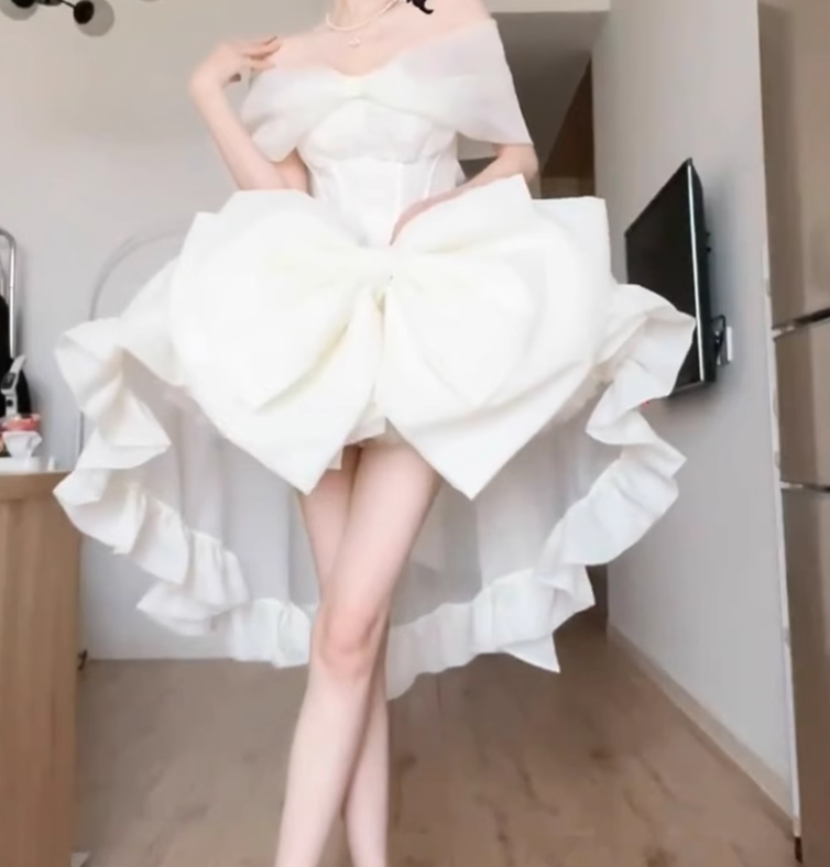 Sweet and elegant apricot bow-tie dress evening dress high waist slim fluffy princess dress R1693