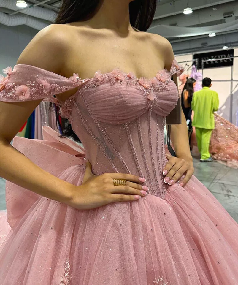 Pink Tulle Quinceanera Dresses for Sweet 16,Off-Shoulder Ball Gowns for Prom S6939