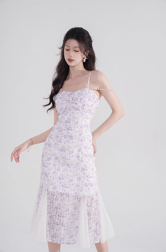 French design niche fishtail skirt sweet pure desire mid-length skirt purple floral suspender dress R4145
