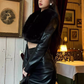 High-grade fur collar coat 2025 large size royal sister style hip-wrapped slit leather skirt suit R1147