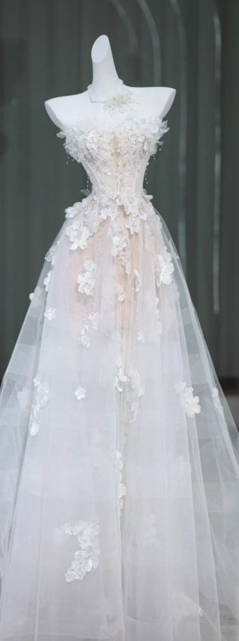 Apricot Flower Tube Top Waist Slim Fit A-Line Cute Bridal Dress R5834