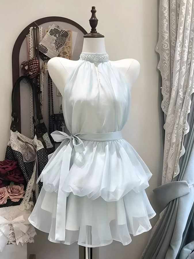 Dreamy Tiered Chiffon Women's Homecoming Dress Pale Blue Corset Short Prom Dress Party Dress RS2732