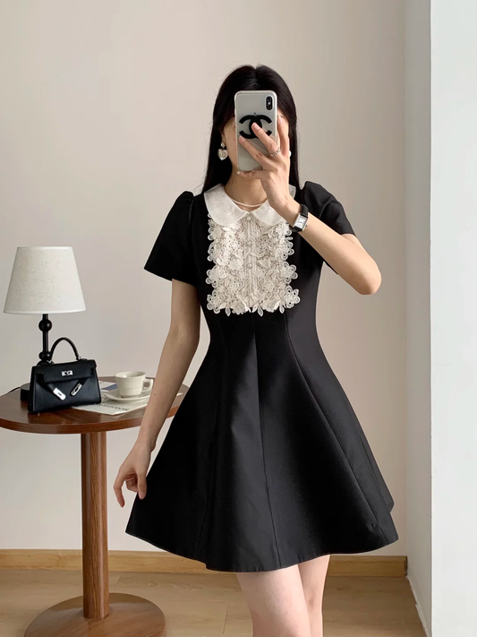 Black short skirt white formal neckline waist slim A-line short skirt homecoming dress R4208