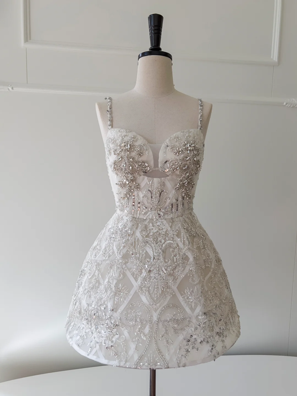 White bottom bright diamond suspender low cut sexy waist A-line skirt homecoming dress R5020