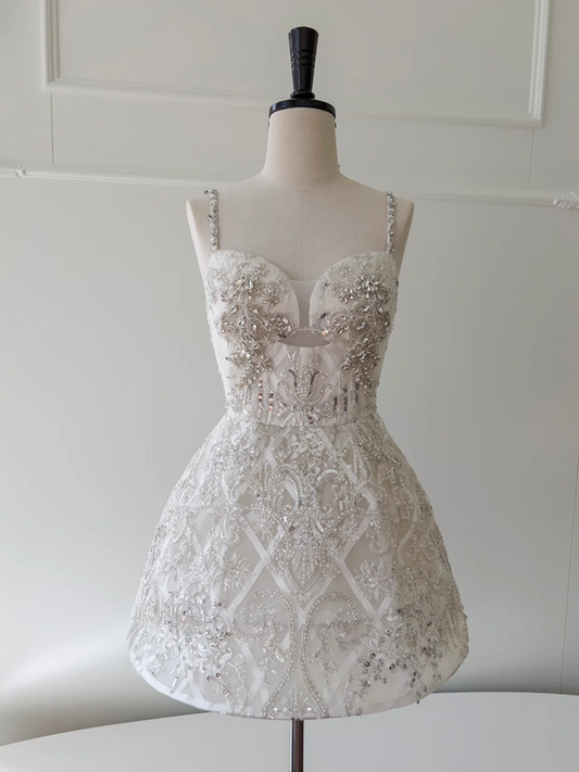 White bottom bright diamond suspender low cut sexy waist A-line skirt homecoming dress R5020