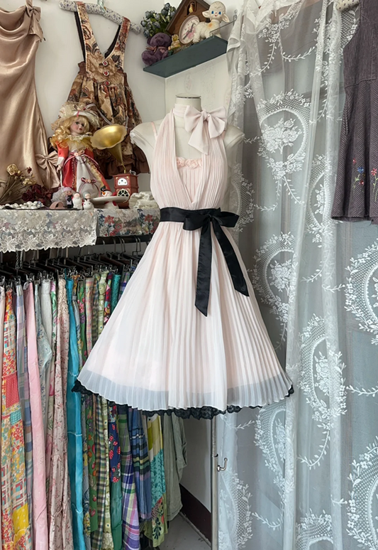 Light pink halter neck slim waist A-line short skirt prom dress R6192