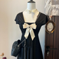 Black short-sleeved bow-neck design high-waisted slim-fitting short skirt homecoming dress R4247