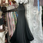 White ruffled neckline, black fitted fishtail long ball gown R7583