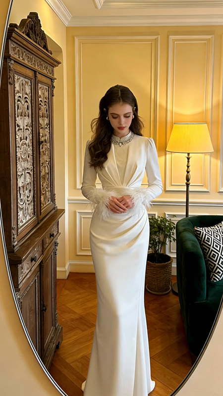 White long-sleeved, fitted, bodycon, elegant ball gown R8603