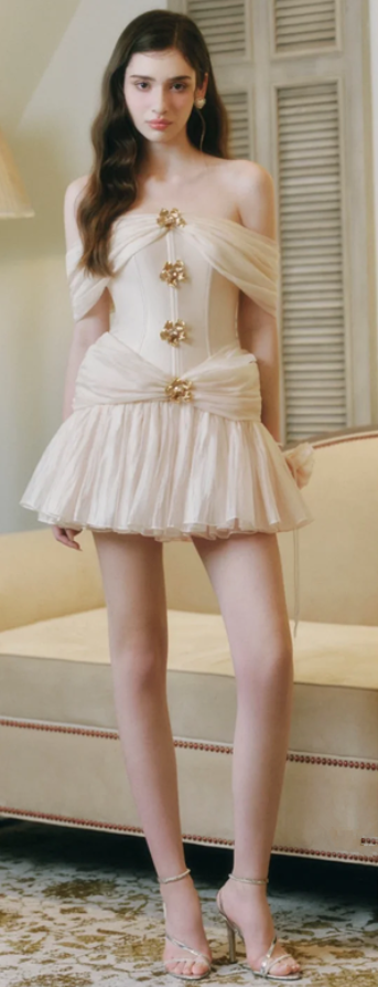 Apricot off-the-shoulder slim-fitting pleated miniskirt homecoming dress R4449