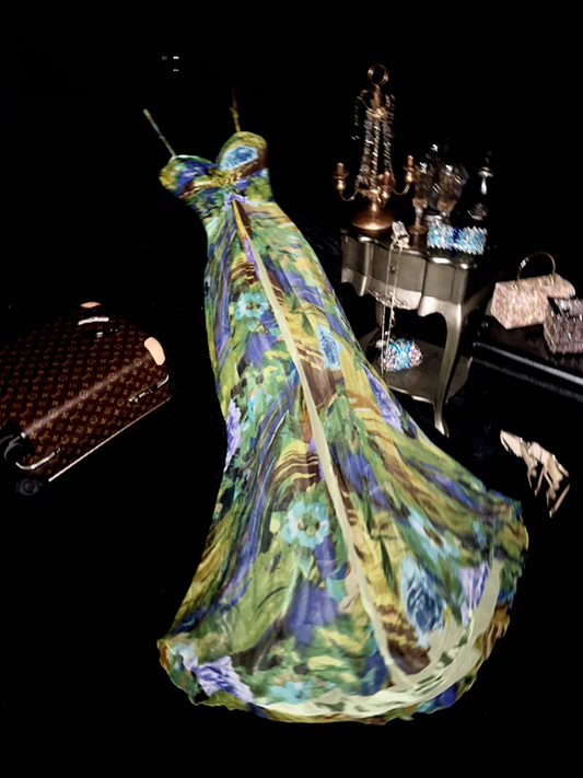 Yellow-green halter-neck high-waisted elegant long ball gown R6950