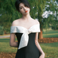 Black short skirt with white neckline, one shoulder, slim waist, A-line short skirt, homecoming dress R4171