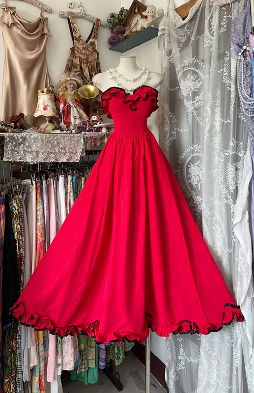 Red tube top lace waist slim A-line elegant long skirt ball gown R6151