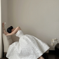 White spaghetti strap, small floral, waist-cinched, slim-fit long prom dress R7976