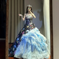 Black retro-style strapless, fitted waist ball gown with light blue tulle skirt R8634