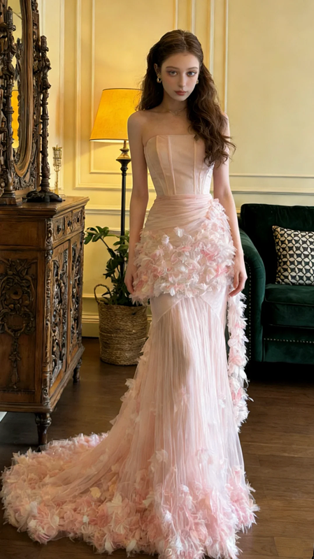 Light pink strapless, fitted, fishtail long ball gown, bridal dress R8573