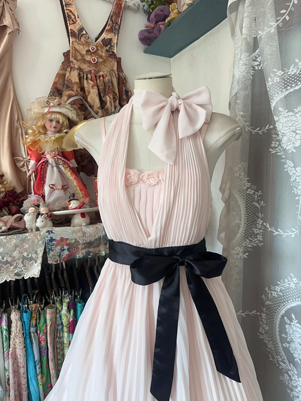 Light pink halter neck slim waist A-line short skirt prom dress R6192