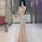 Light apricot off-the-shoulder fitted waist bodycon sexy long ball gown R7897