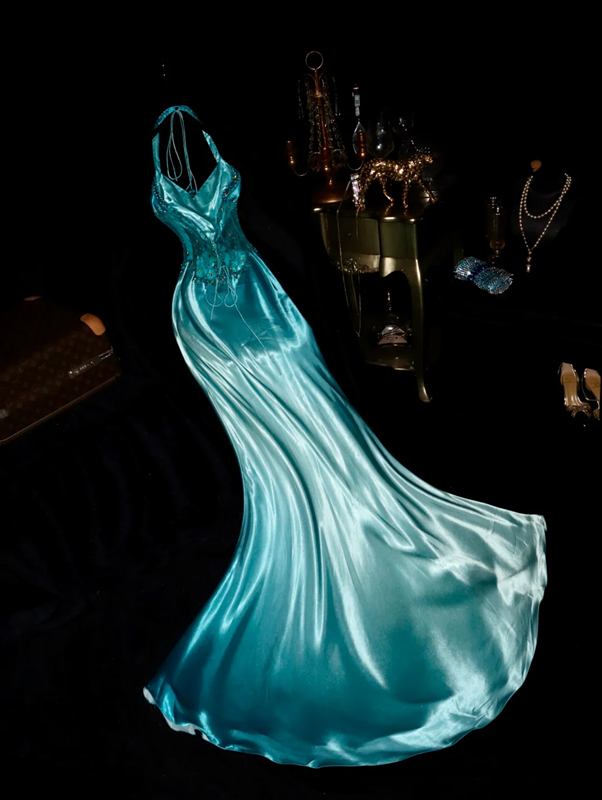 Lake blue halter neck rhinestone fitted waist elegant fairy long ball gown R6910